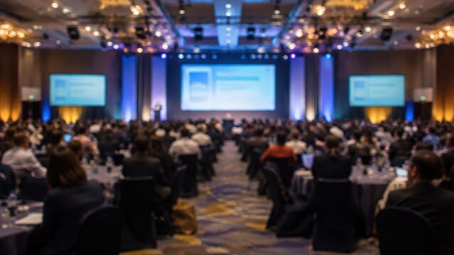 Audience members sit at round tables in a large conference hall during a corporate event. Multiple projection screens display presentations while soft bokeh lights fill the room.