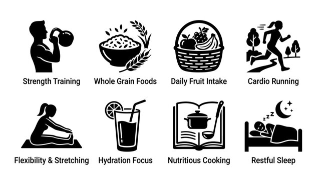 Comprehensive Set of Lifestyle Icons Representing Daily Health Habits and Wellness Practices for Balanced Living