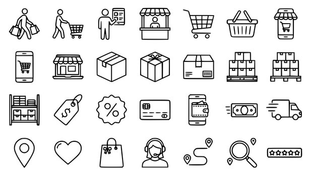 Online shopping buyer and consumer outline icon set with cart basket products stock and delivery