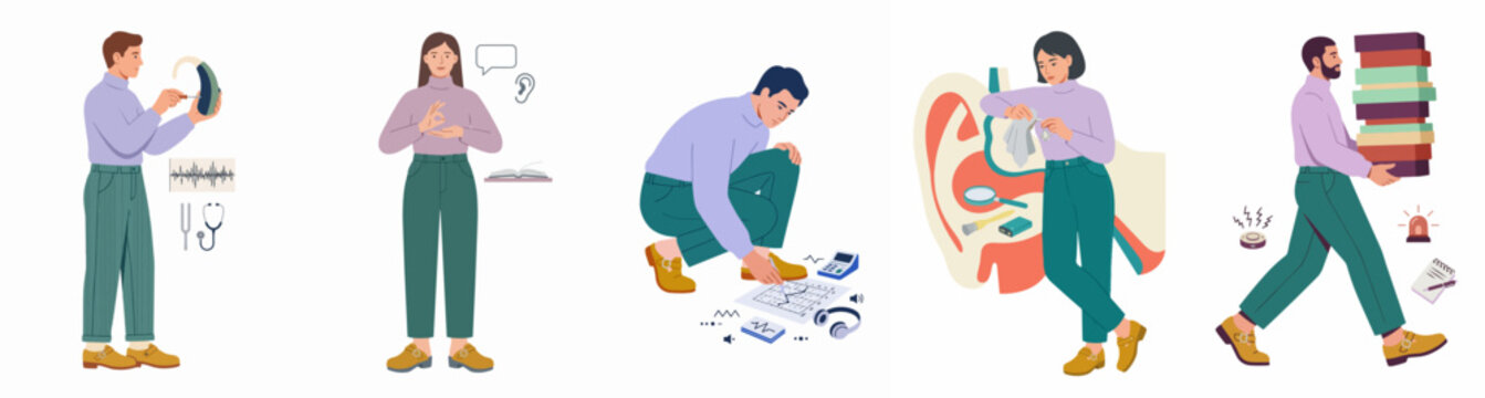 Flat vector illustrations depicting people with hearing impairment, using hearing aids, sign language, and learning about ear anatomy and audiology services.