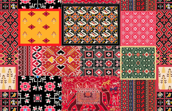 Seamless traditional Patola patchwork pattern featuring geometric tiles of swan, elephant, and tribal motifs in bold red, yellow, black, and green.