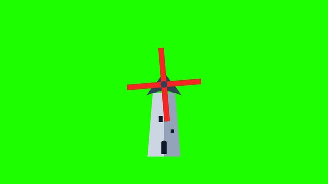 Minimalist Flat Vector Illustration of a Classic European Farm Windmill Rotating on a Simple Bright Green Background