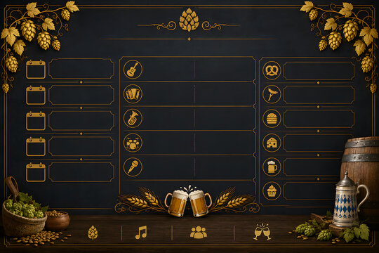 Beer menu with golden hops and wooden barrel