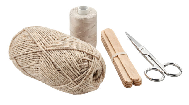 Craft supplies including jute twine spool thread scissors and wooden sticks isolated on transparent background