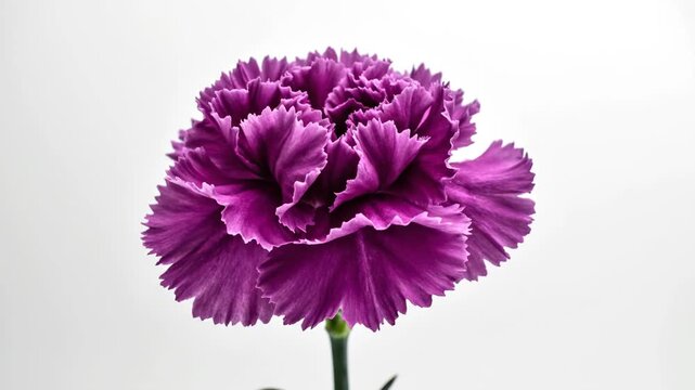 Single purple carnation flower with ruffled magenta petals isolated on a plain white background. Close-up view of a blooming Dianthus caryophyllus showing delicate texture and green stem.