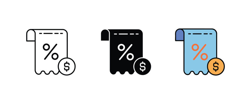 tax rebate icon set, discount receipt, coin, cashback and financial deduction vector