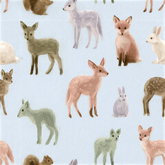 Fototapeta premium Watercolor forest animals pattern with tiny deer, foxes, rabbits, and squirrels on soft blue background, charming and gentle