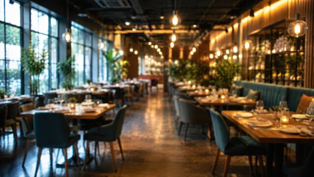 Restaurant interior features rows of wooden tables and chairs arranged for dining. Warm ambient lighting creates a soft atmosphere with blurred background details in a spacious venue.