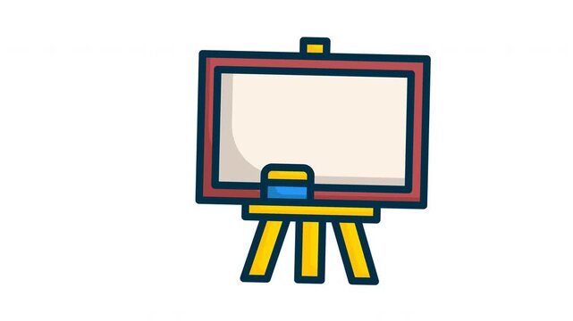 Wooden easel with brown frame and white board, aided by a blue eraser and yellow stand, is a versatile art supply. Suitable for art classes, studios, or home decor.