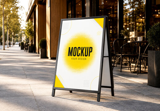 A Frame Sandwich Board Sign Mockup on Cafe Sidewalk