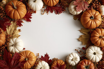 Obraz premium Autumn pumpkin frame with white and orange pumpkins, red and gold leaves, and berries creating festive seasonal border