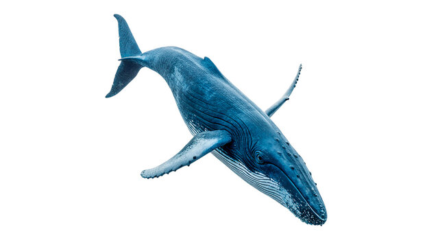 Large blue whale swimming gracefully underwater in ocean isolated on transparent background