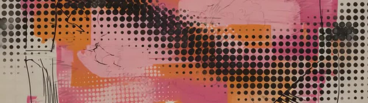 Art background with orange and pink brush strokes modern creative design with halftone dots and hand drawn lines for artistic projects.