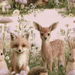Obraz premium Cute forest animals including deer, fox, rabbit, and hedgehog surrounded by flowers and mushrooms in soft pastel setting