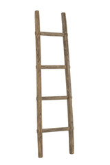 Rustic wooden ladder with four rungs stands upright, showcasing its weathered texture and natural imperfections on a clean white background © Chinases