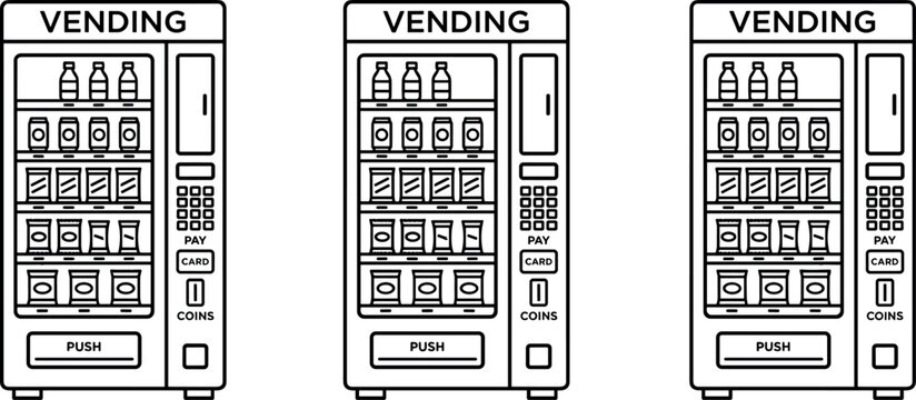 Set of black and white vending machine vector icons featuring snacks and drinks for commercial use