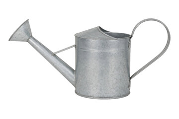 Classic galvanized metal watering can with a long spout and a curved handle is isolated on a clean white background © Chinases