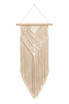 Beautiful handmade beige macrame wall hanging with intricate knot patterns on a wooden dowel, isolated on a clean white background