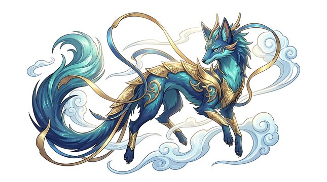 Mythical blue fox creature with golden armor and ornate celestial decorations