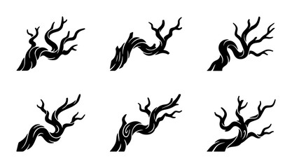 Fototapeta premium Twisted Tree Branches Vector Set, Gnarled Wood Elements, Silhouette Nature Graphics, Dark Organic Forms for Design