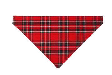Fototapeta premium Vibrant red and black plaid fabric bandana, folded into a triangular shape, is neatly displayed against a clean white background