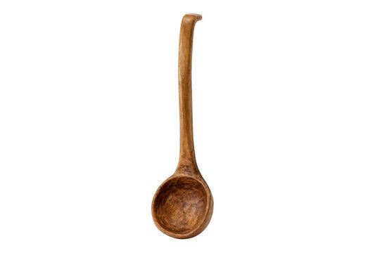 Single rustic wooden ladle with a long curved handle and deep bowl is isolated on a clean white background