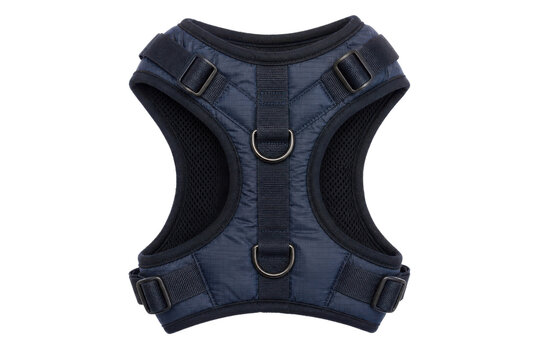 Dark blue padded dog harness with mesh lining and metal D-rings is presented on a clean white background