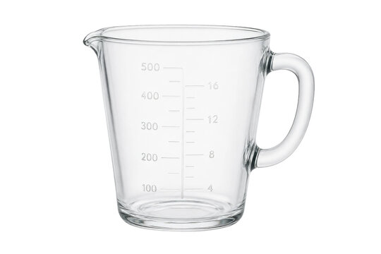 Clear glass measuring cup with handle and volume markings, captured with bright studio lighting on a clean white background