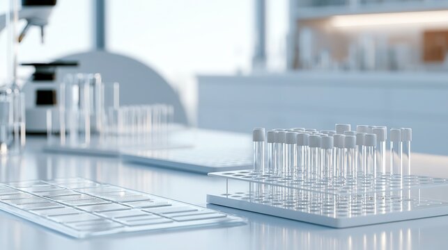 Minimalist modern biological gene laboratory,sampling test tubes and biochips neatly placed,clean scientific research space in pale white‑blue tone