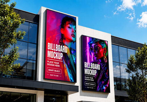 Dual Vertical Billboard Mockup on Modern Building Exterior