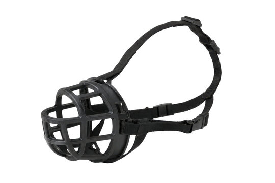 Black plastic dog muzzle with adjustable nylon straps and buckles, designed for pet safety, isolated on a clean white background