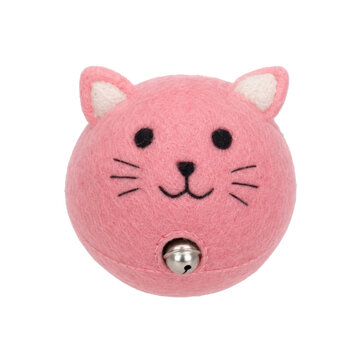Cute pink felt cat head toy with a small silver bell, designed for pets, isolated on a clean white background