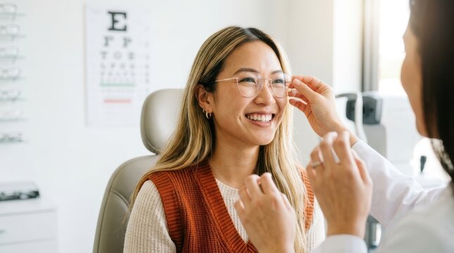 Happy asian woman trying on new eyeglasses in optical store during appointment with female optometrist.