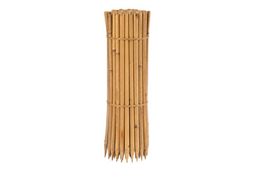 Tall bundle of natural bamboo garden stakes, tied with twine, stands upright on a clean white background © Chinases