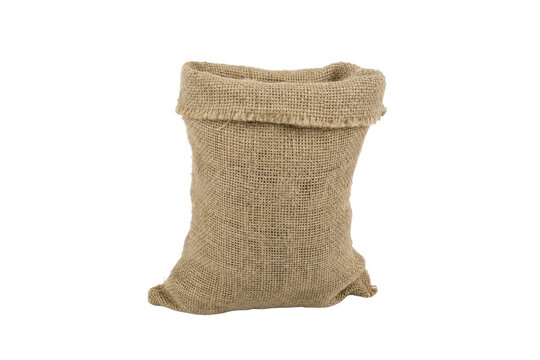 Empty light brown burlap sack stands upright with a folded top edge, isolated on a clean white background