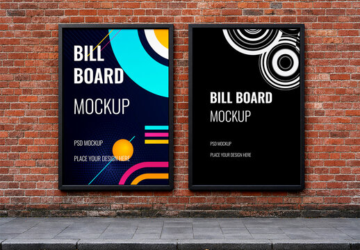 Dual Vertical Billboard Poster Frame Mockup on Red Brick Wall