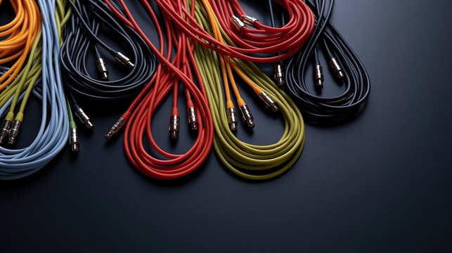 Large collection of colorful audio cables arranged in loops on dark background