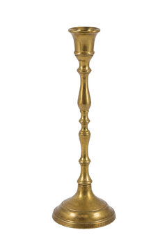 Single antique brass candlestick with a classic design and polished surface stands elegantly on a clean white background