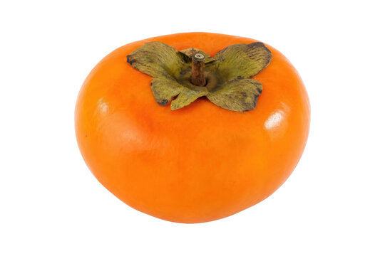 Single ripe orange persimmon fruit with green sepals and stem is isolated on a clean white background