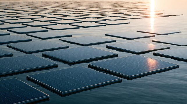 Floating photovoltaic power station on lake, calm water with soft reflection, low‑saturation tone, simple aquatic clean‑energy scene