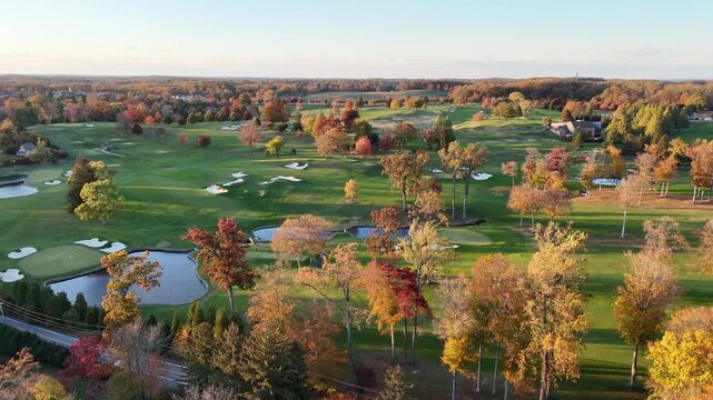 Aerial View of a Residential Neighborhood Near a Golf Course in Greenville, Delaware in Autumn 