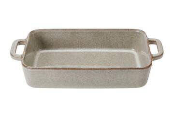 Empty rectangular ceramic baking dish with handles in a rustic gray finish, isolated on a clean...