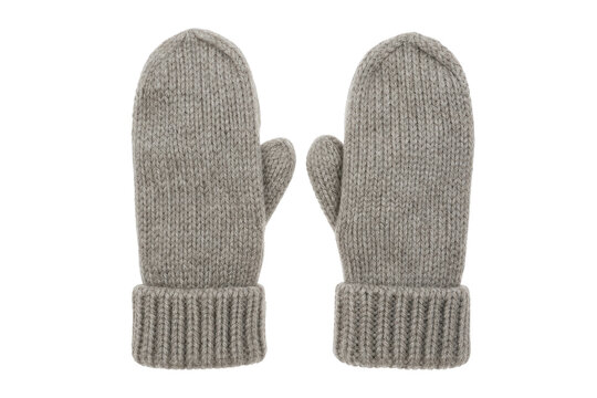 Pair of warm, cozy, gray knitted mittens with ribbed cuffs is presented on a clean white background