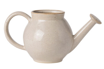 Beautiful ceramic beige watering can with a round body and long spout, isolated on a clean white...