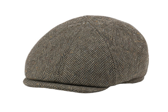 Classic brown tweed flat cap with a distinctive herringbone pattern, photographed on a clean white background