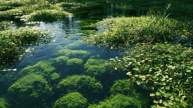 Urban ecological wetland reserve,clear water area,lush aquatic green plants,no extra debris,simple natural environmental empty shot