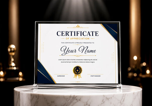 Frontal Acrylic Certificate Frame Mockup on White Marble Podium
