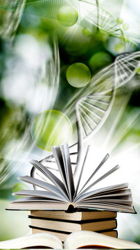 Books with pages open and a DNA strand in the background