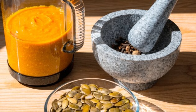 Blender with orange mixture and mortar with seeds on wooden table