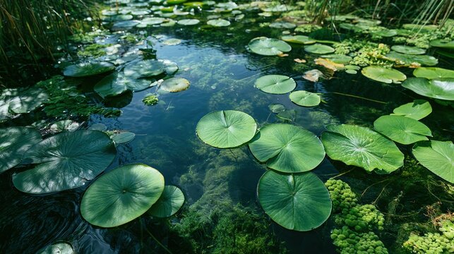 Urban ecological wetland reserve,clear water area,lush aquatic green plants,no extra debris,simple natural environmental empty shot